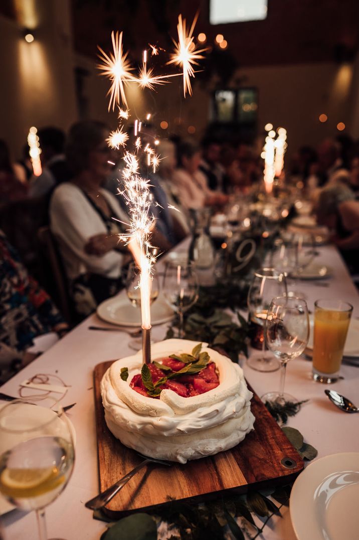 Pavlova dessert with sparkler for Rustic wedding 