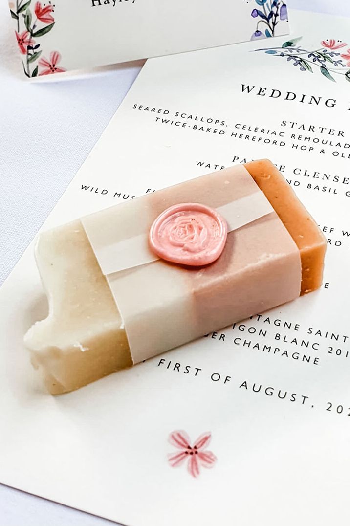 Wedding soap with pink wax seal for guest's wedding favours 