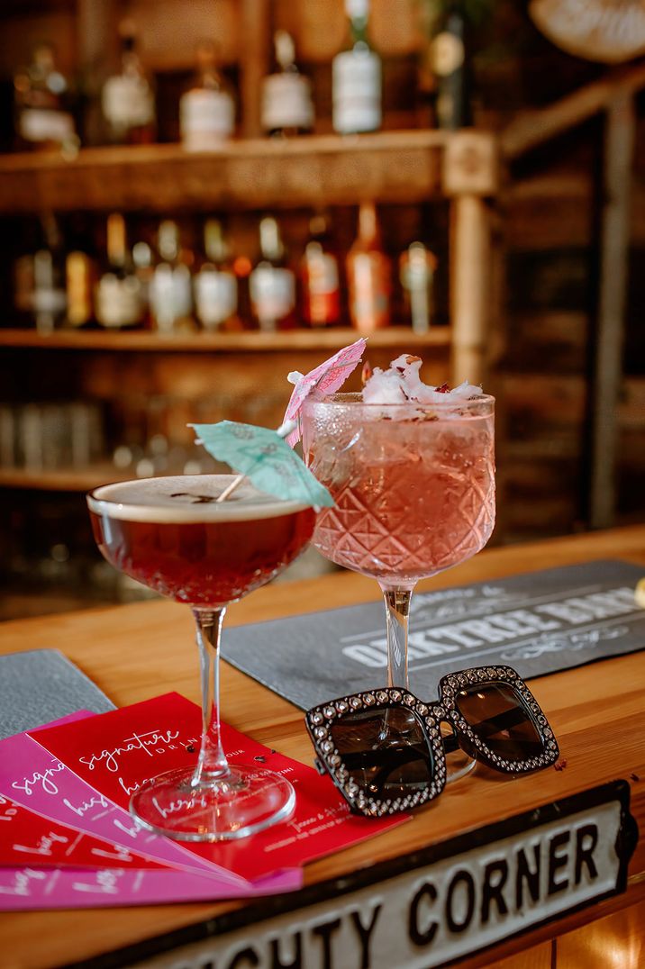 Wedding cocktail with colourful umbrellas at bar 