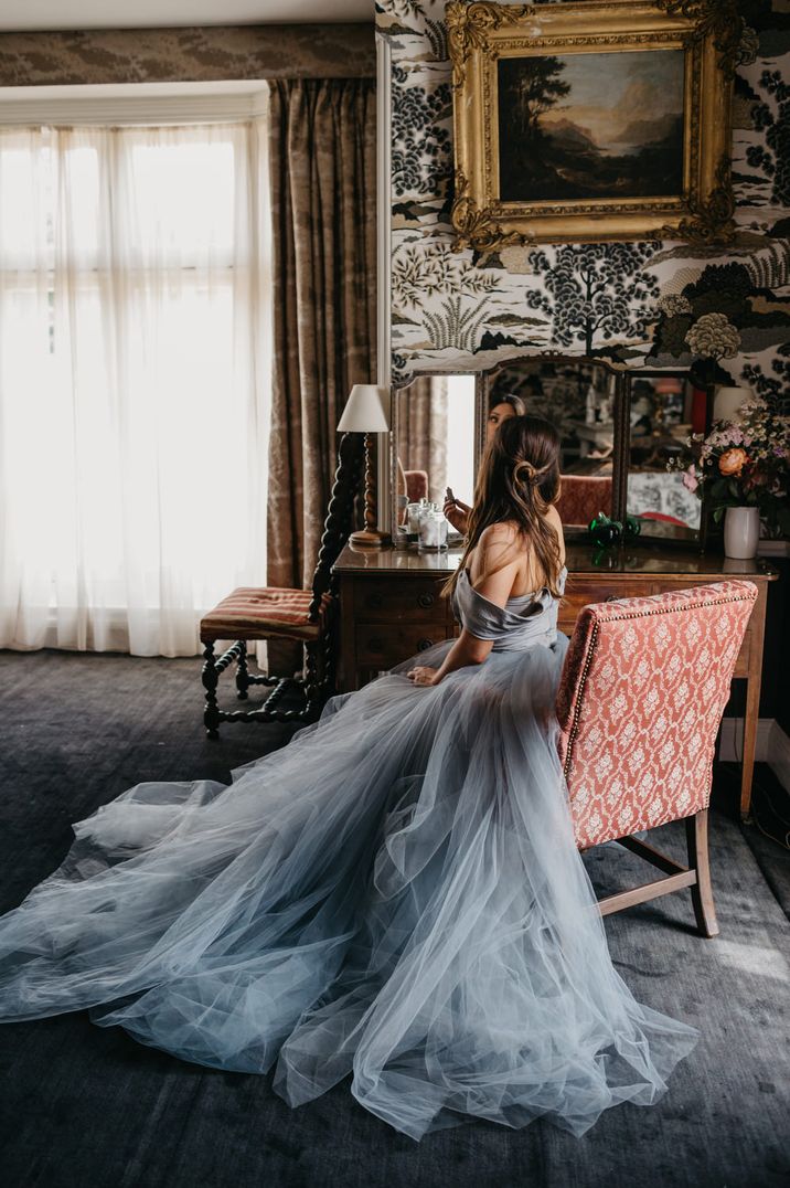 Blue, grey tulle ballgown princess wedding dress with off shoulder detail by Rivkah Photography