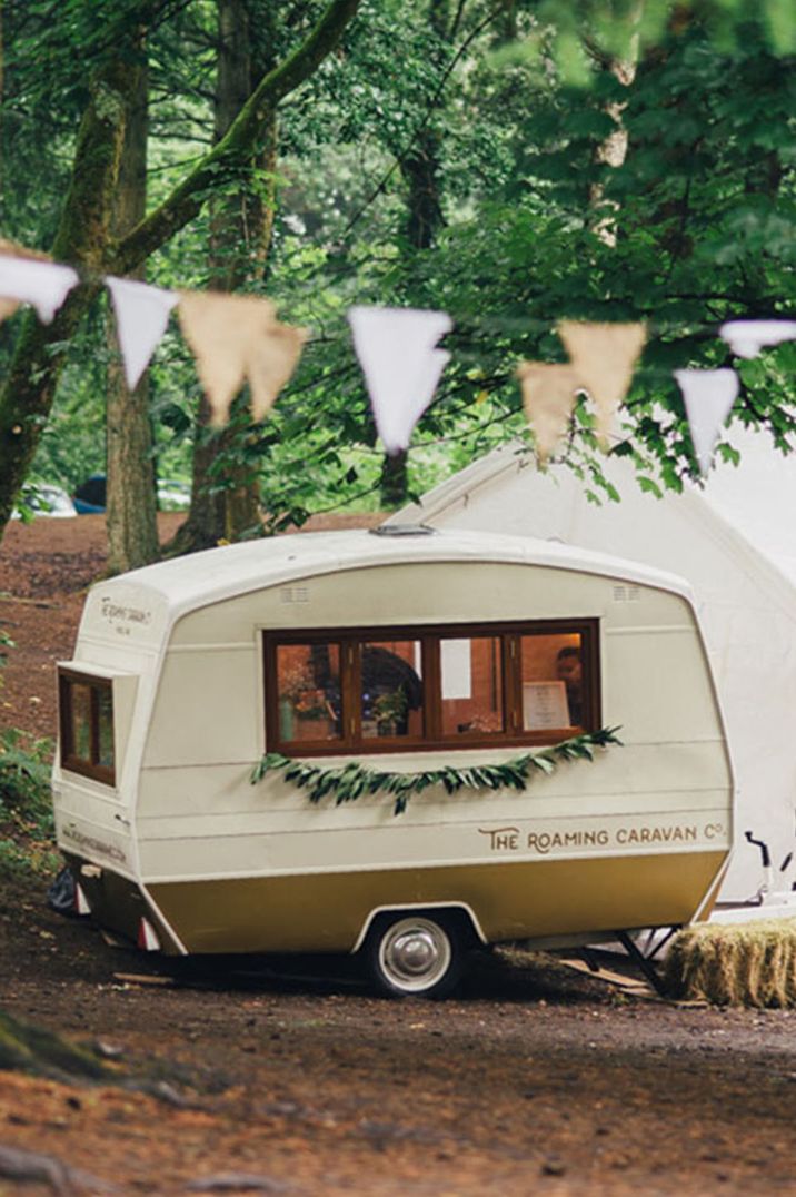 Wedding bar design ideas with mini cocktail cart caravan for boho woodland wedding 