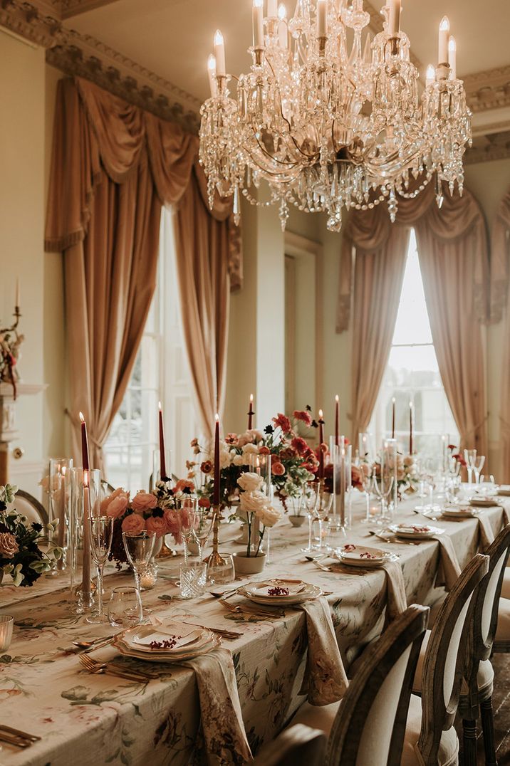 Classic Prestwold Hall country house wedding venue inspired by Bridgerton with luxury chandeliers and grand decor 