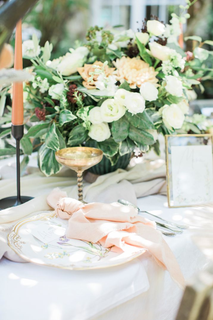 Outdoor Wedding Tablescape With Gold Coupe Glass