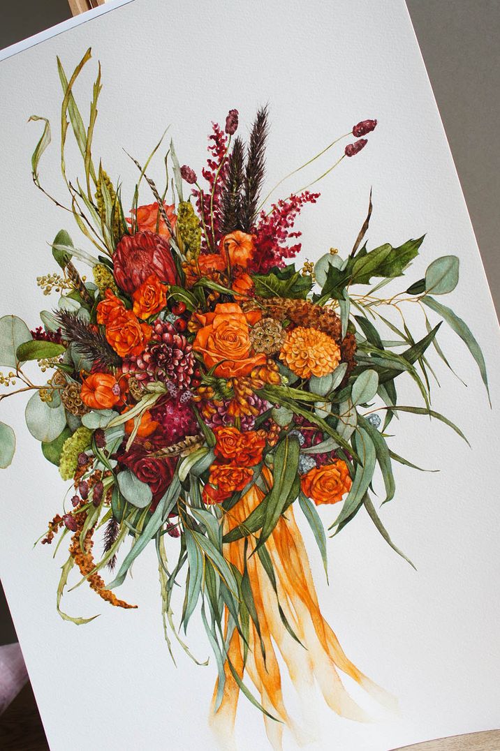 King proteas, roses, dahlias and more drawn in red and orange autumnal wedding bouquet memento | The Custom Botanist | <a href="https://www.rockmywedding.co.uk/wedding-suppliers/the-custom-botanist " target="_blank" rel="noopener">Take a look at this Recommended Supplier</a>