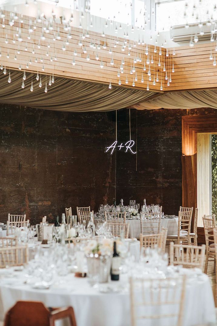 Minimalist wedding tablescape at Elmore Court with pampas grass floral arrangements