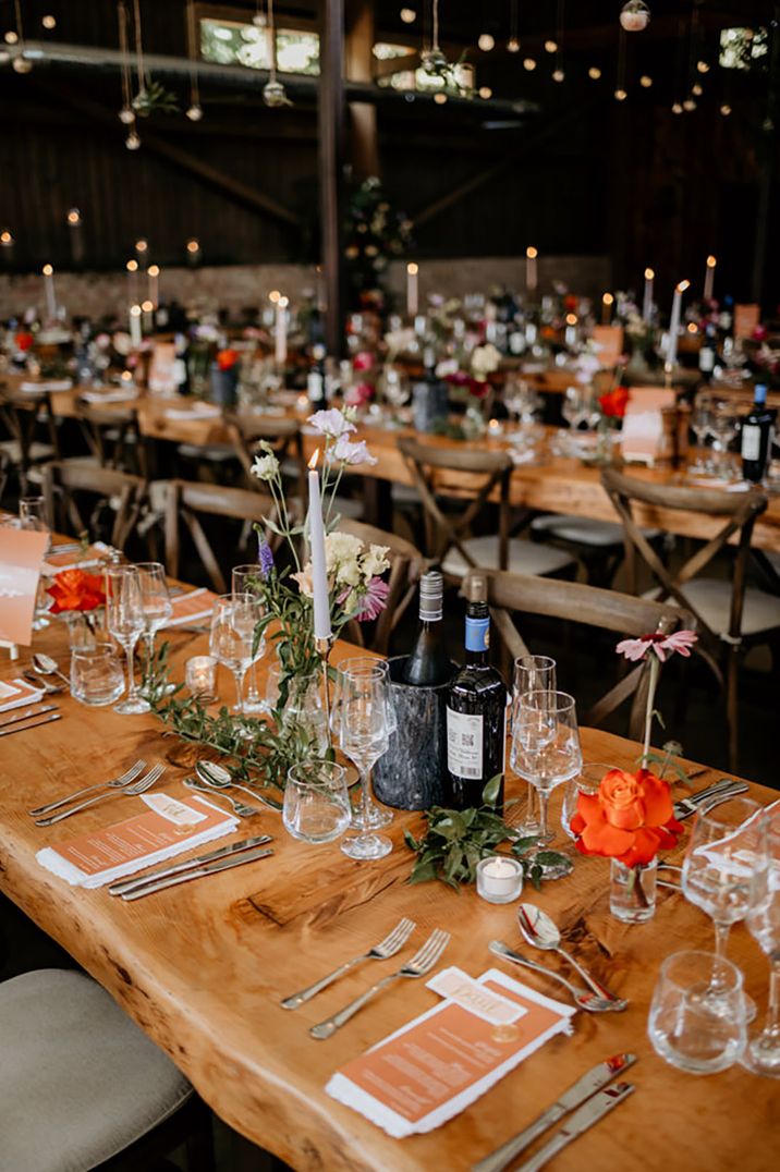 Rustic wedding tablescape with colourful flowers and simple decorations at Wootton Hall 