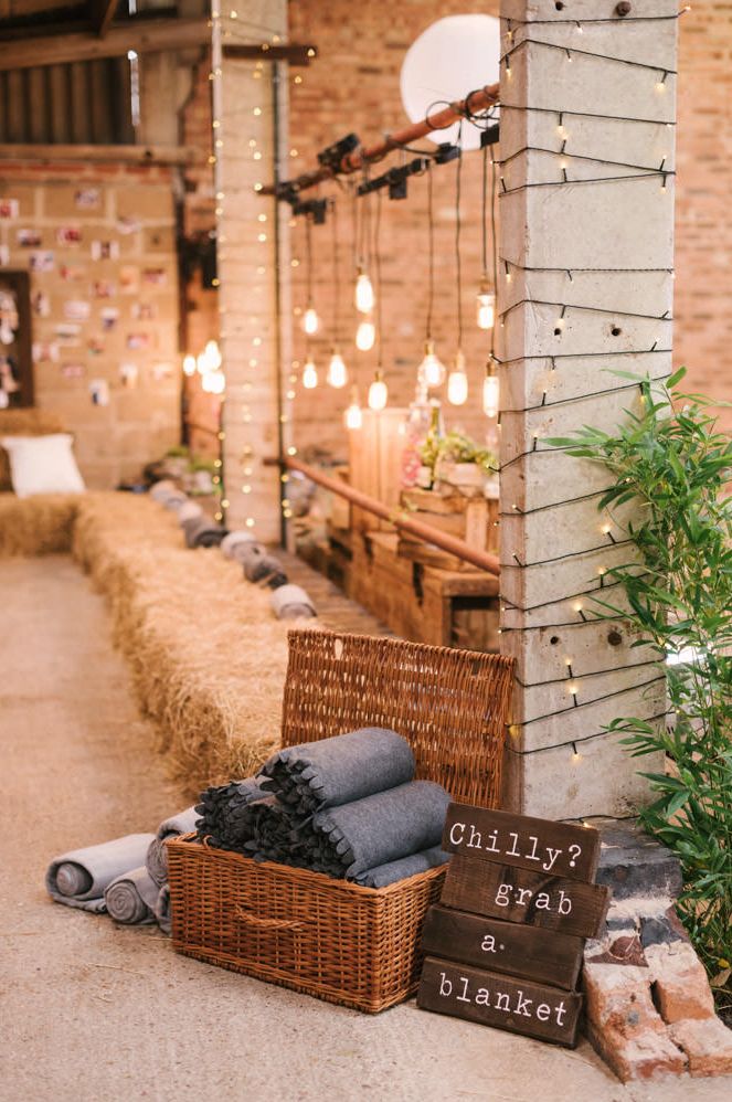 rustic wedding with hanging Edison bulb decor and a basket full of blankets 