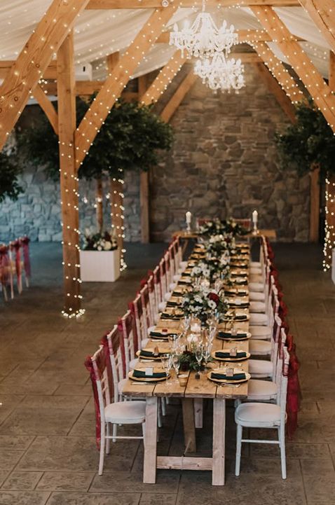 Rustic wedding tablescape at Devon wedding venue with fairy lights