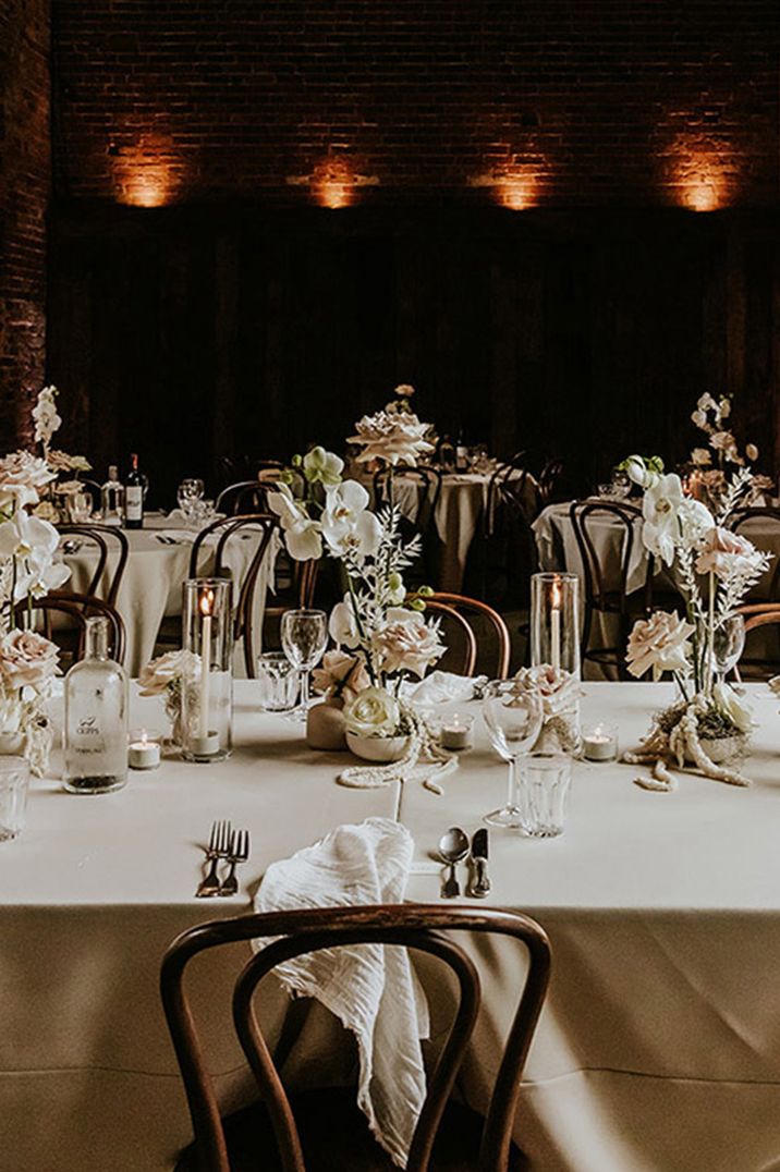 Classic all white wedding tablescape at Shustoke Barn Farms wedding 