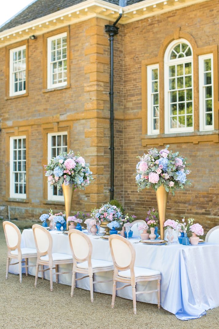 Opulent Outdoor Pastel Blue, Pink and Gold Wedding Tablescape 