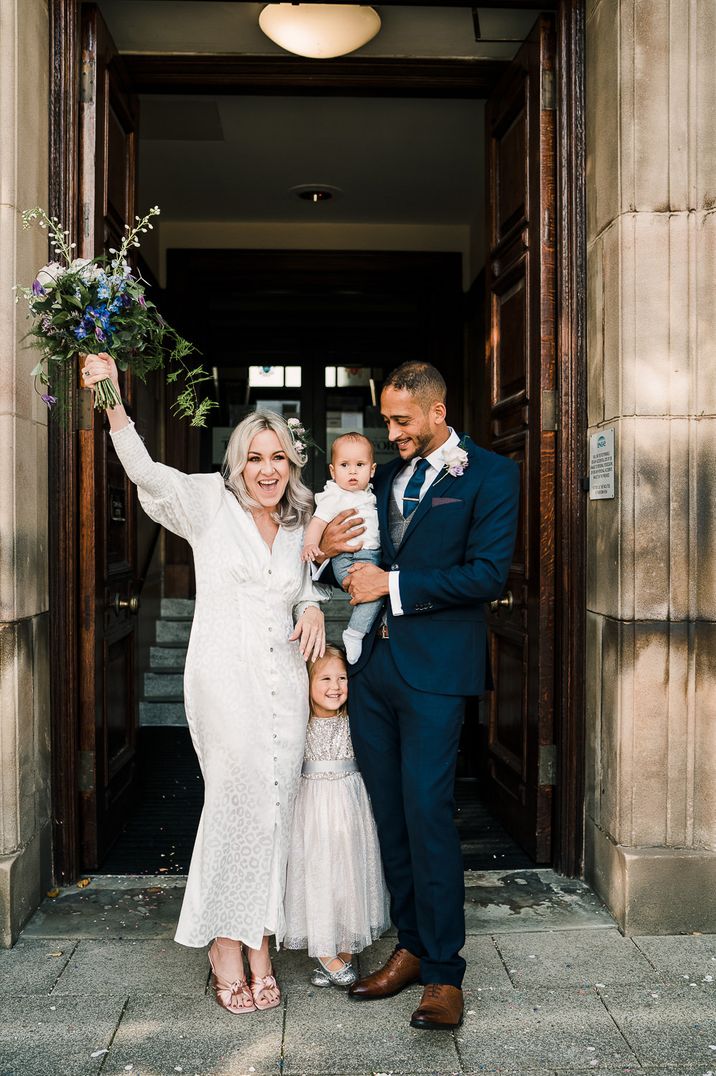 Bride, groom and their children at their intimate Sale registry office wedding 