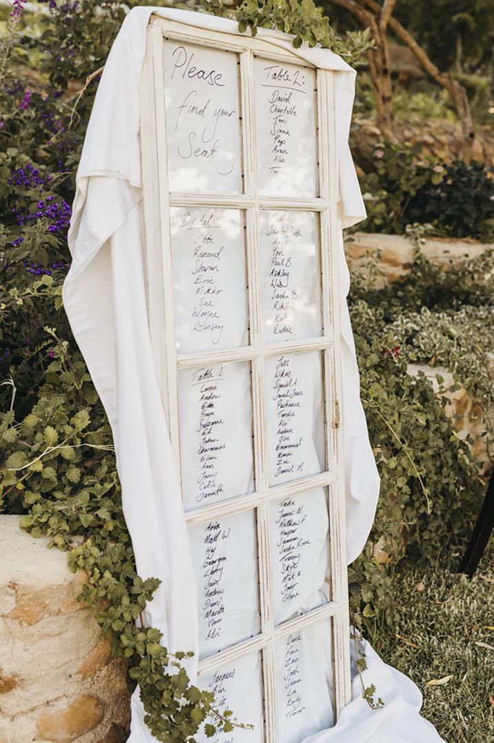 Tall rustic window frame table plan with black font and white fabric so the wiring is visible 