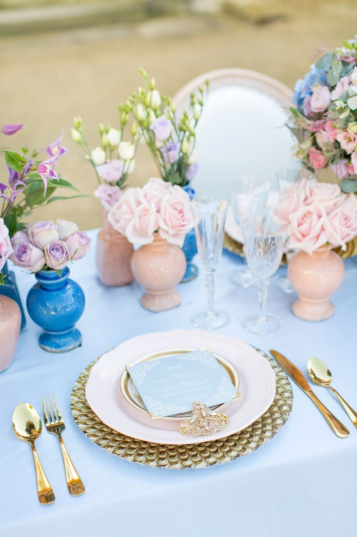 Pastel Blue, Pink and Gold Wedding Table Setting