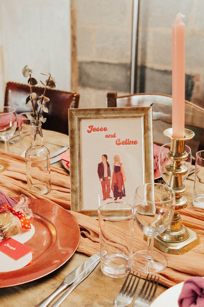 A retro 70s theme gender neutral wedding with unique retro wedding table name ideas based on famous couples from movies with retro font 