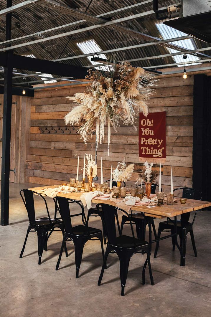 Wedding tablescape with pampas grass decor at The Shack Revolution