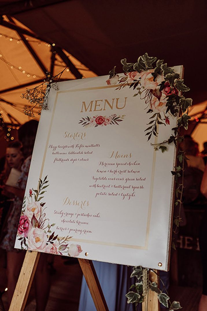 Pink wedding menu sign with pink floral design 