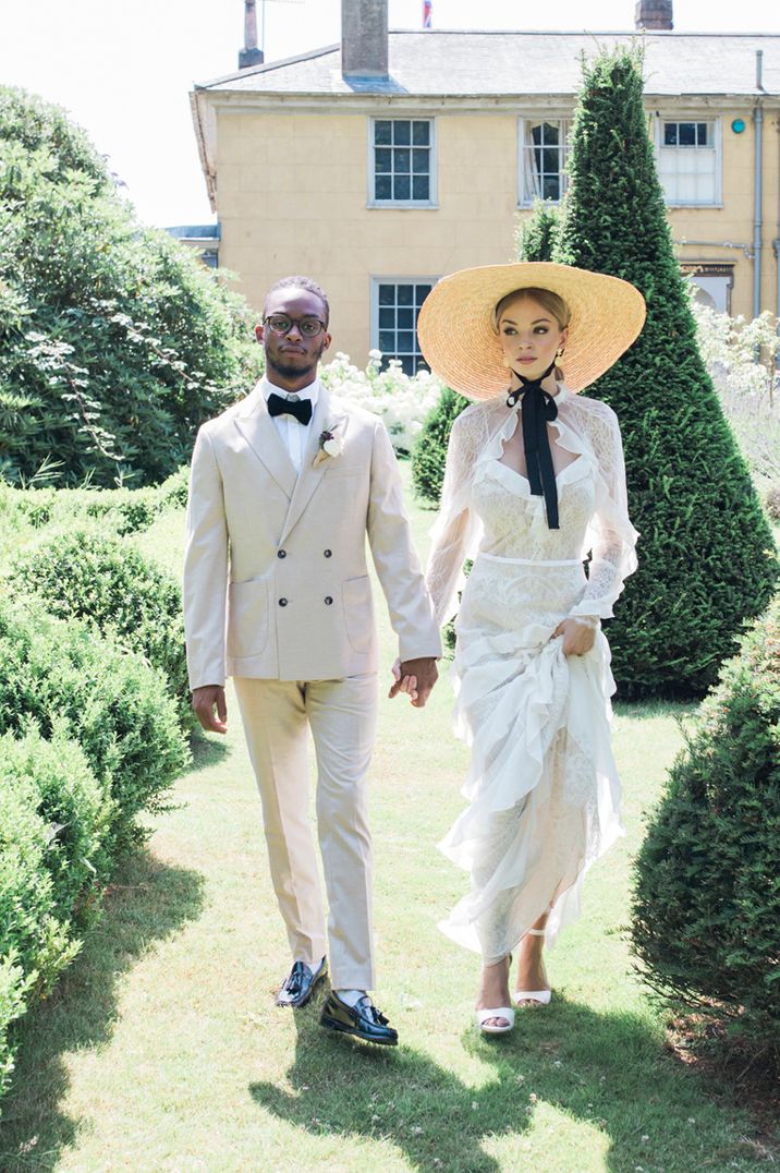 Couple Portrait in Stately Gardens - Bride in Straw Hat