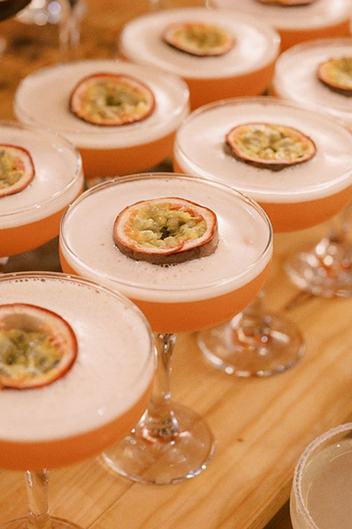 Pornstar martini cocktail drinks with passionfruit fruit decoration 