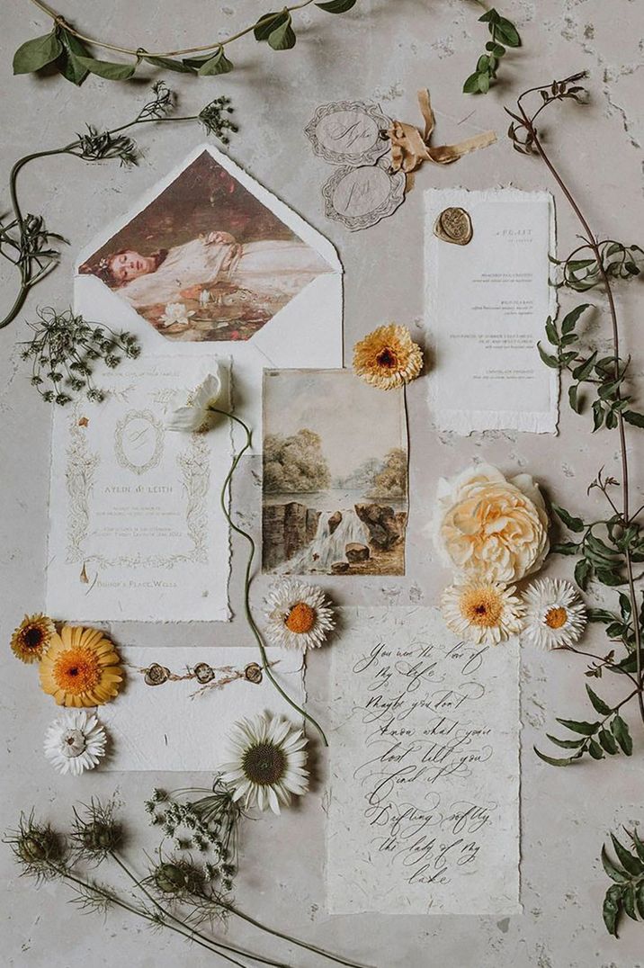 Vintage inspired wedding stationery suite with watercolour painting and gold wax seals for classic luxe wedding 