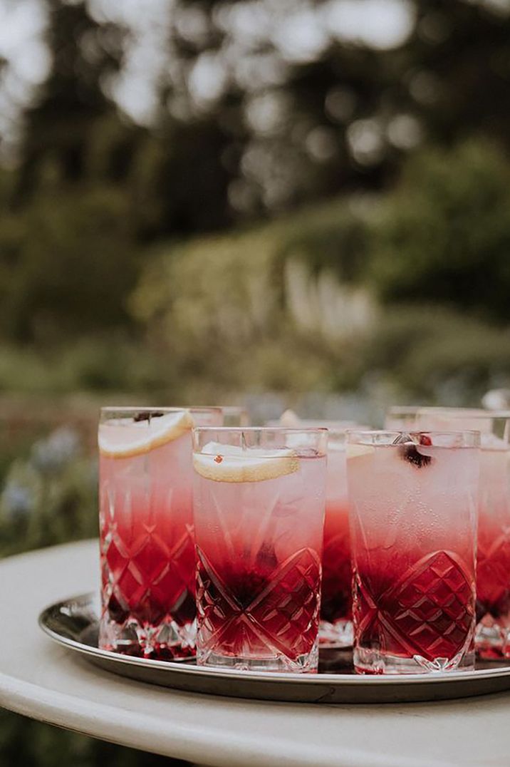 Red and pink cocktail tray at wedding by Georgina Harrison Photography