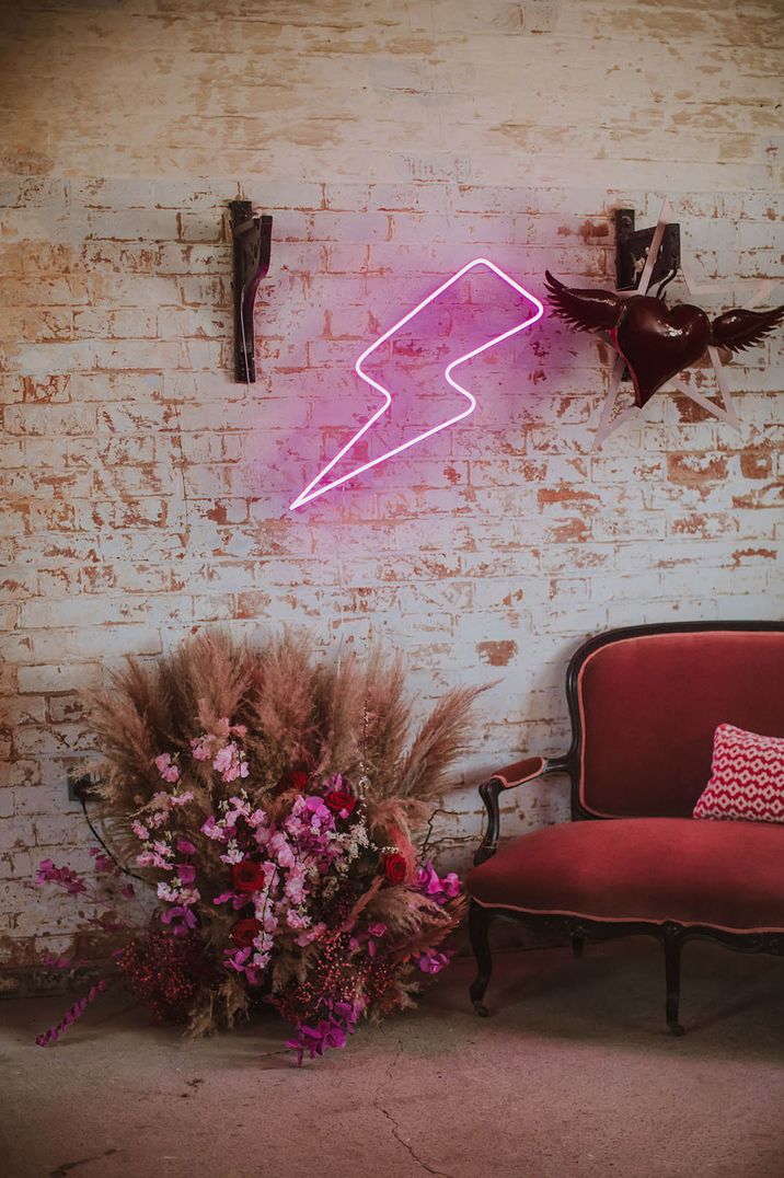 Pink lightning bolt neon wedding sign 