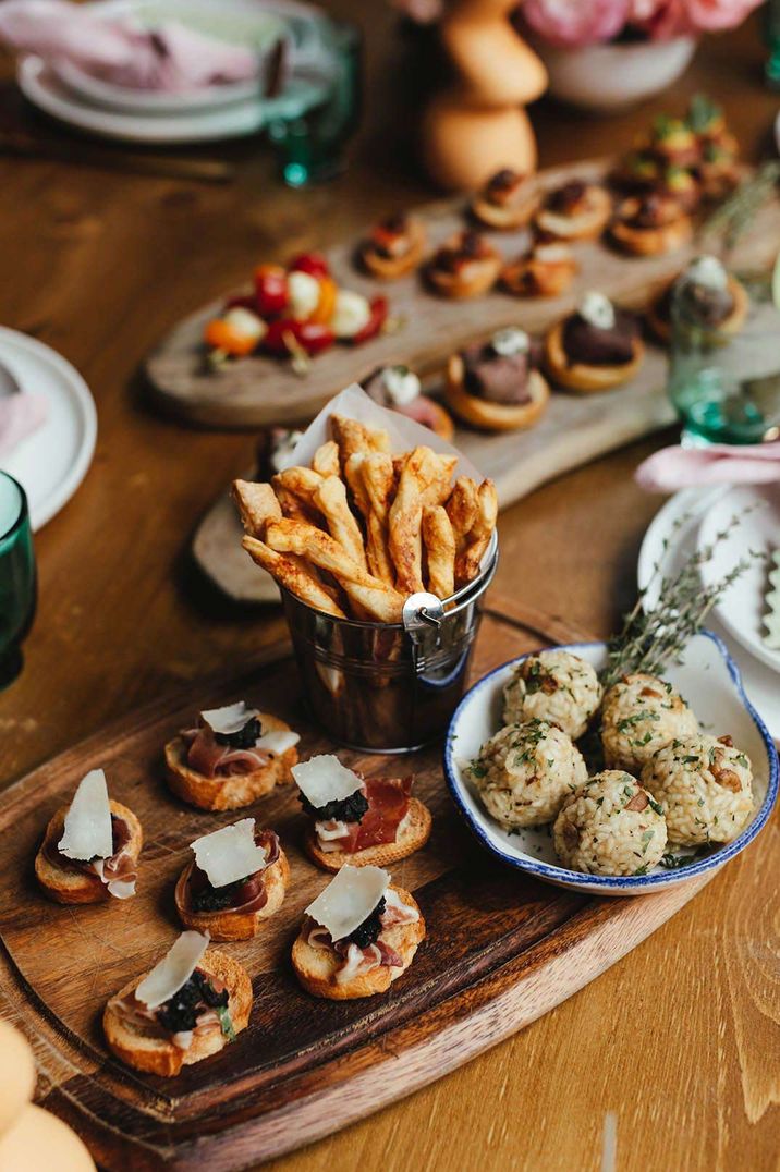 Classic wedding canapés on wooden slates at Singer Tavern wedding 