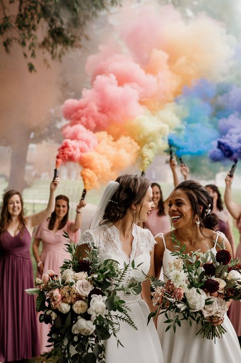 LGBTQI+ wedding with colourful smoke bombs at West Mill Derby