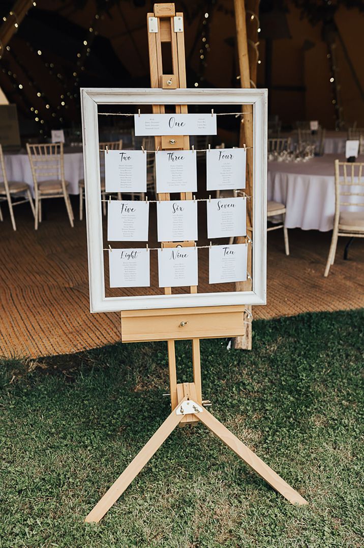 White photo frame with string and pegs table plan 