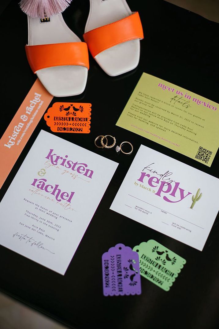 Lime green and purple wedding stationery invitation suite for bright and colourful destination wedding 