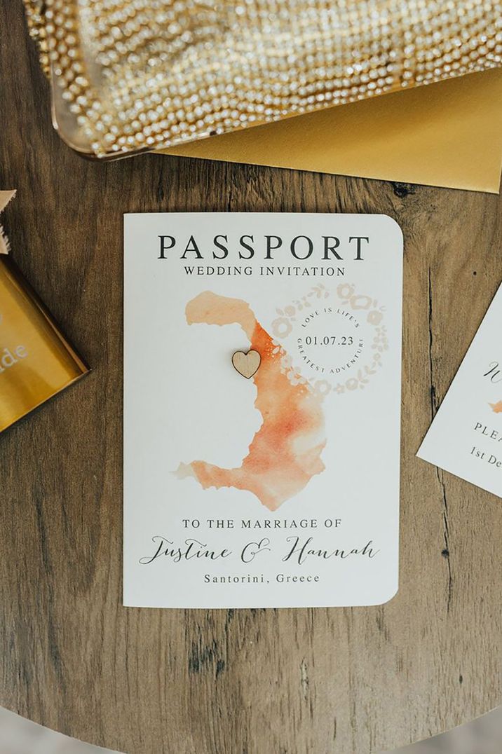 Wedding invitation as wedding passport for destination wedding in Santorini 