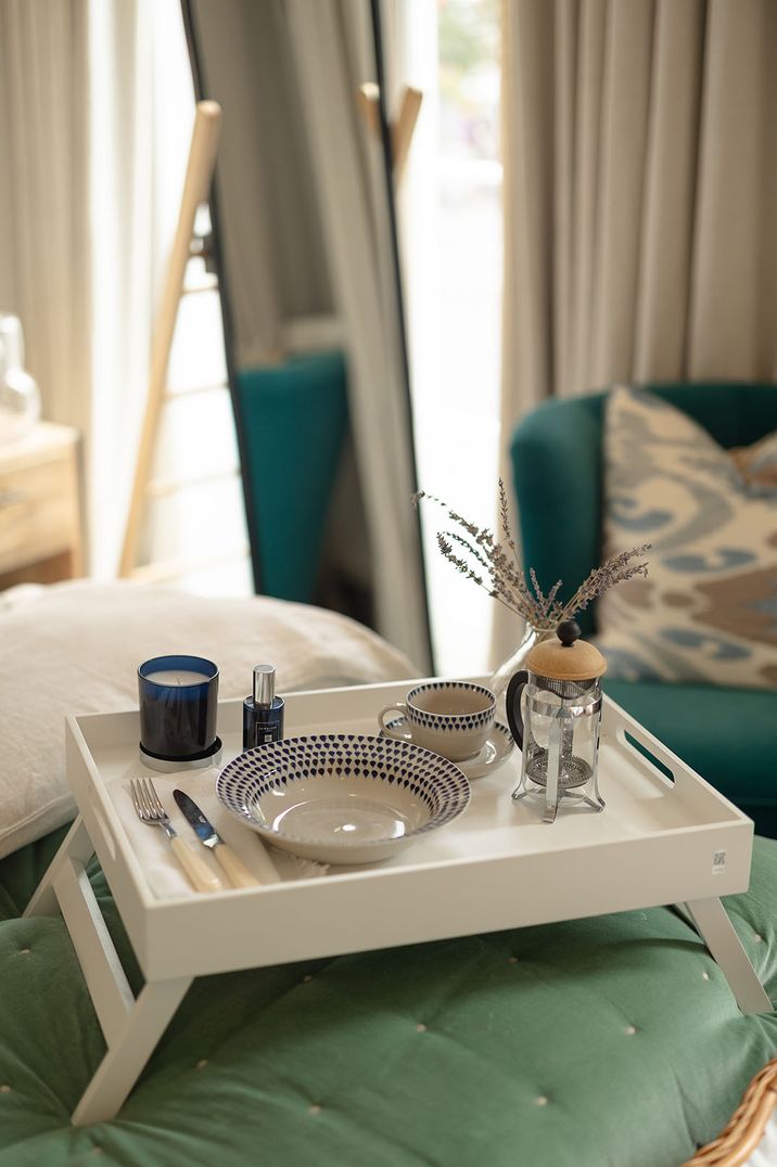 White bed tray with blue and white crockery for wedding gift list inspiration and selection 