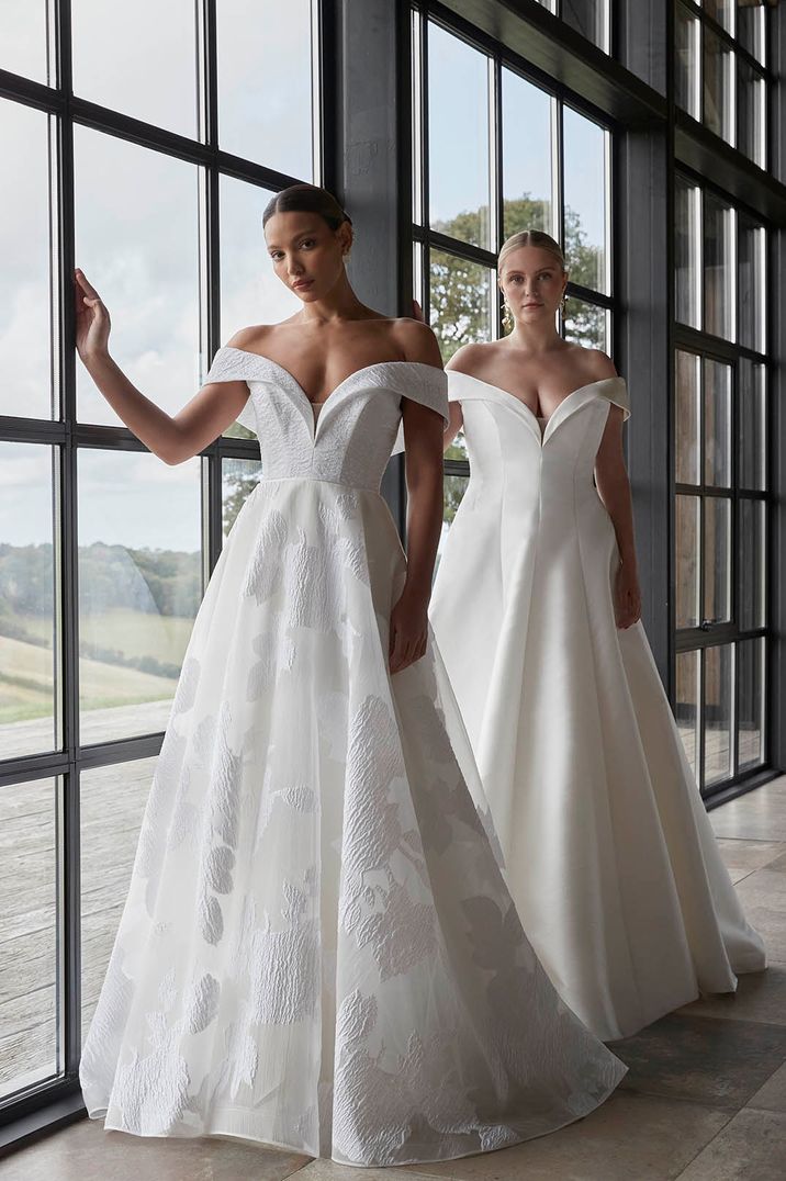 Two brides in off the shoulder wedding dress by Sassi Holford 