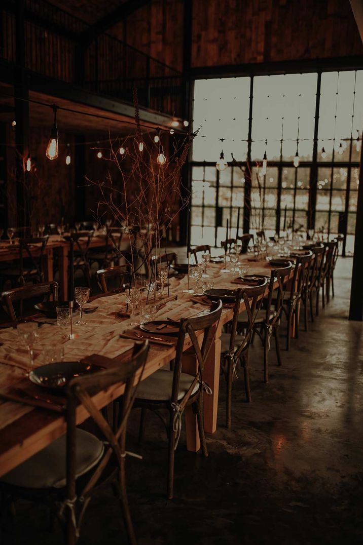 Neutral themed tablescape at Hidden River Cabins unusual wedding venues 