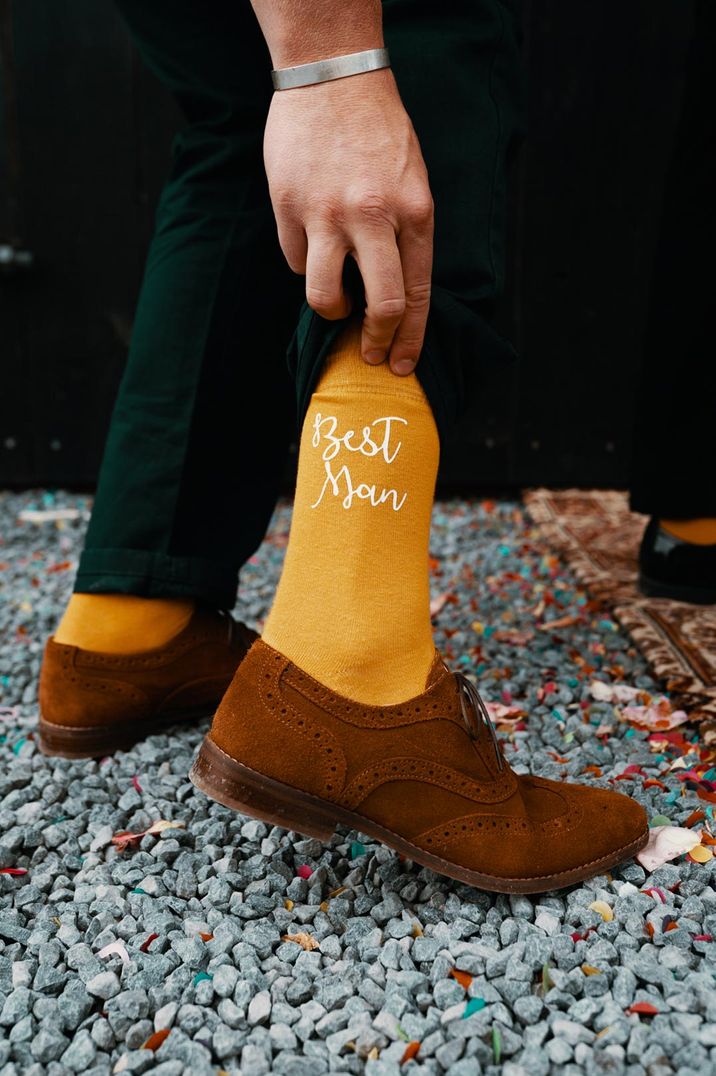 Yellow best man socks in brown brogues 