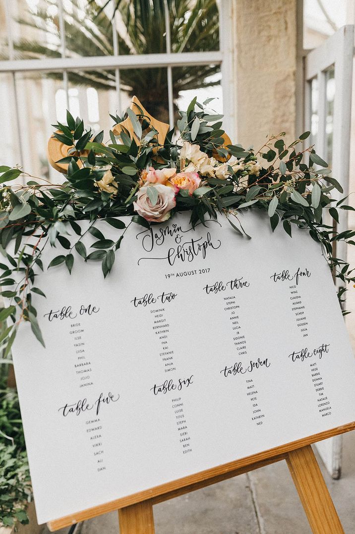 Landscape wedding table plan with decorative foliage and pink flowers