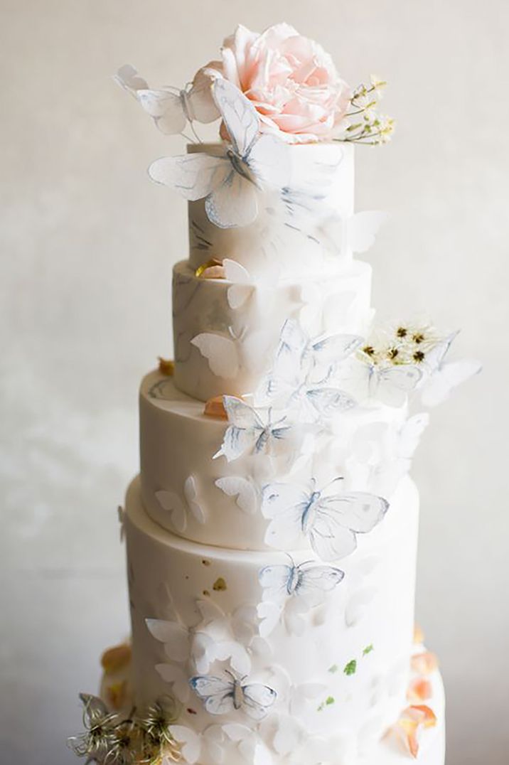 Bufferfly-themed wedding cake by Marion Heurteboust Photography