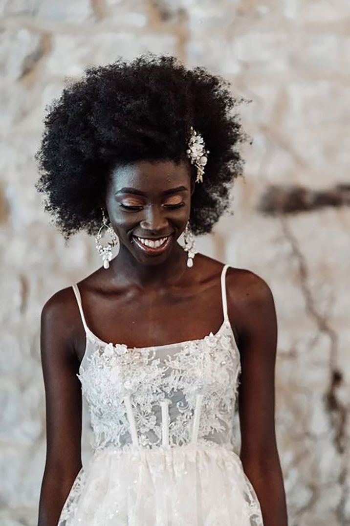 bride with afro hair on wedding day