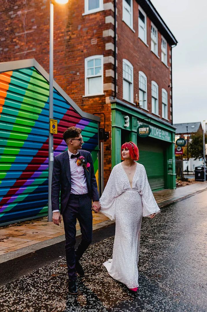 real bride wearing budget sequin bat wing wedding dress from asos