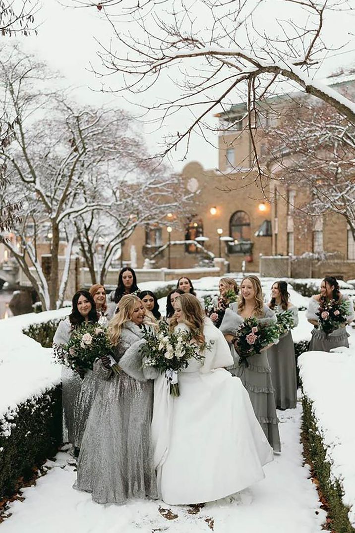 silver winter bridesmaid dresses with grey fur cover ups for snowy wedding