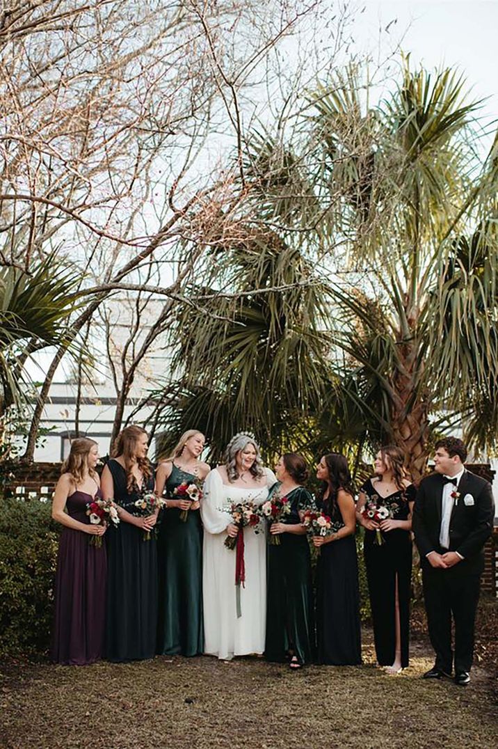 mix of velvet and satin winter bridesmaid dresses