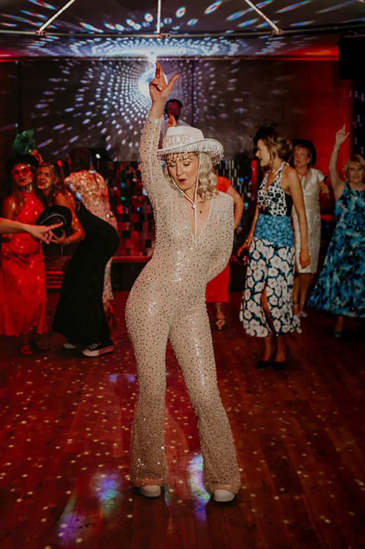 sparkly fitted bridal jumpsuit for party season weddings