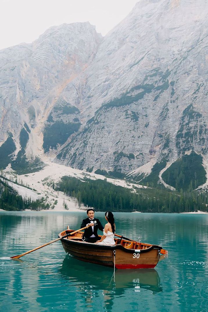 couple in the dolomite mountains for destination wedding or honeymoon location