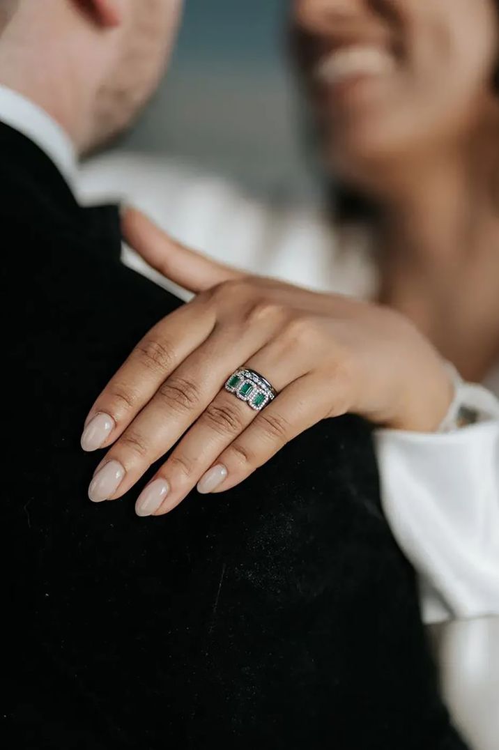 trinity stone emerald halo vintage engagement ring