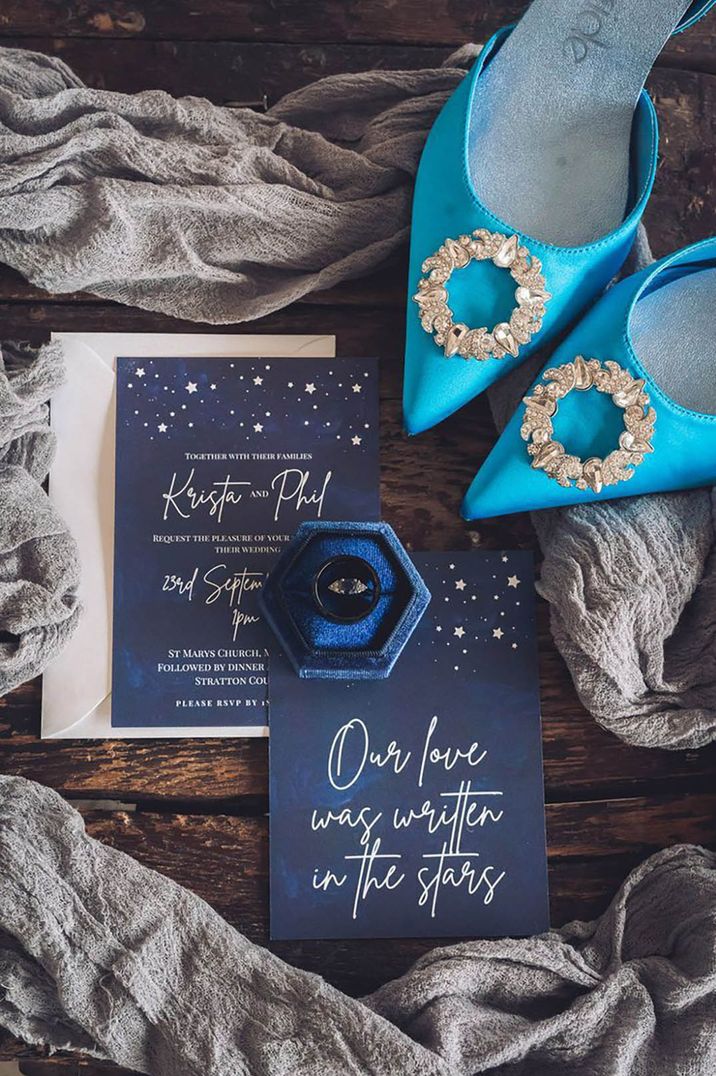 deep blue wedding accessories, including shoes and ring