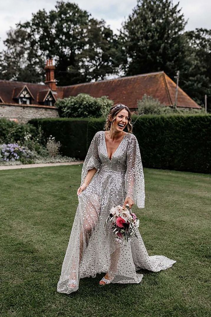 sequin silver coloured wedding dress with long sleeves