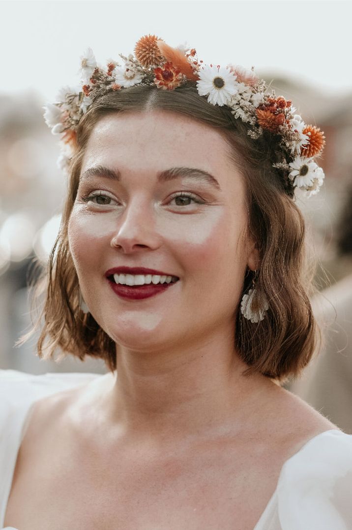 Bride with Natural Glowing Makeup Wearing Autumnal Flower Crown