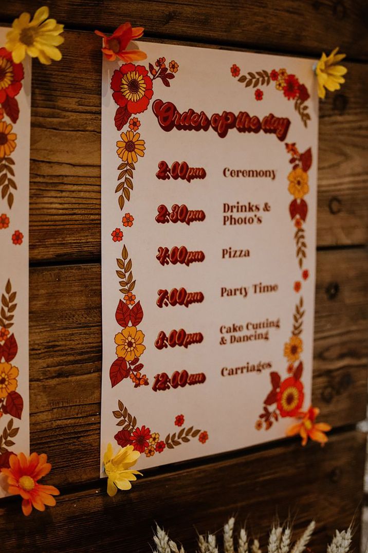 retro disco 70s inspired wedding order of the day signage 