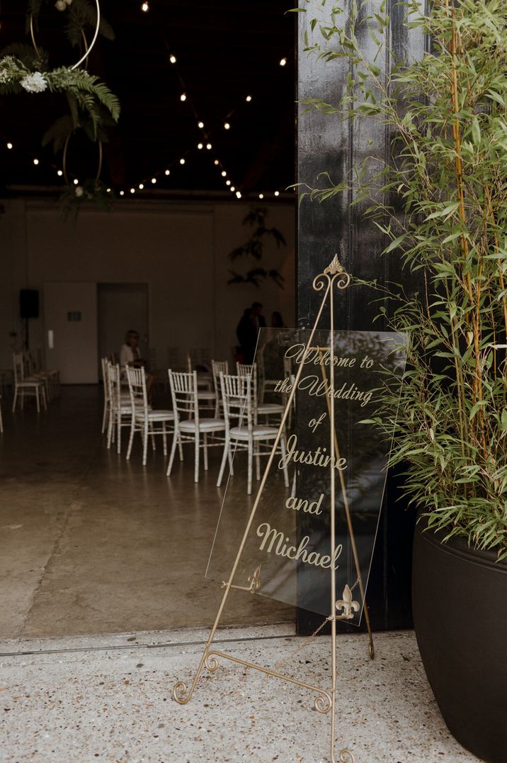 Acrylic Wedding Welcome Sign with Gold Calligraphy &amp; Easel Stand | Wedding Decor | Green And White Luxe, City Wedding at Trinity Buoy Wharf | The Curries Photography