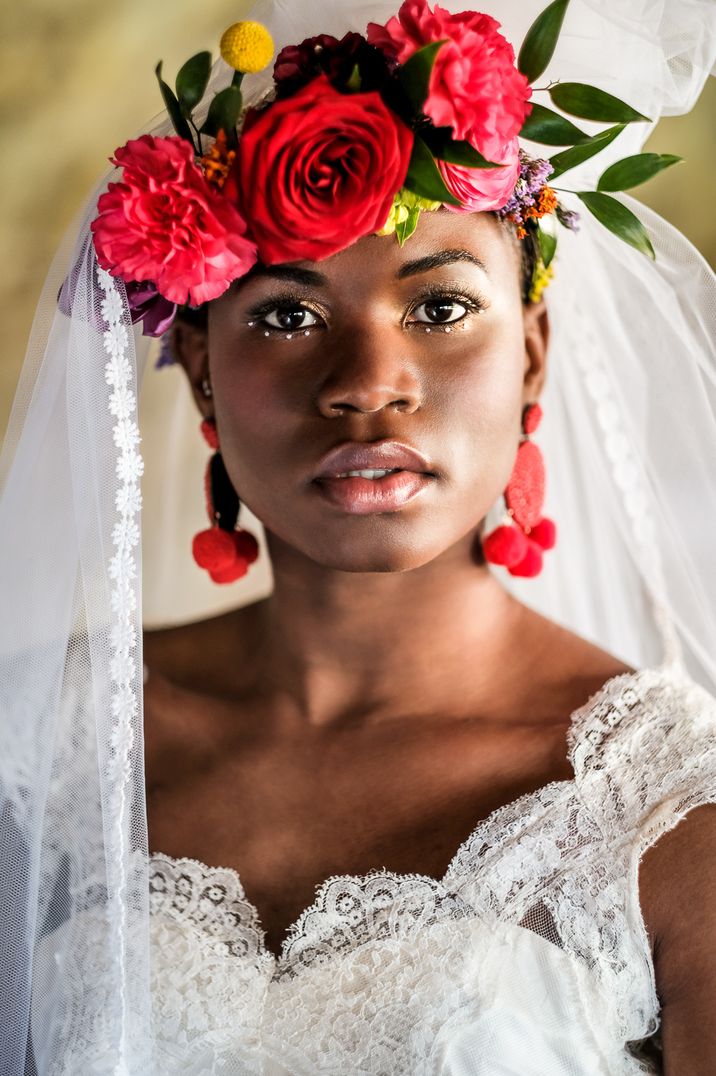 Editorial Inspired Bridal Beauty Look With Gold Eye Liner Bold Brows Nude Lip And Brightly Coloured Floral Crown