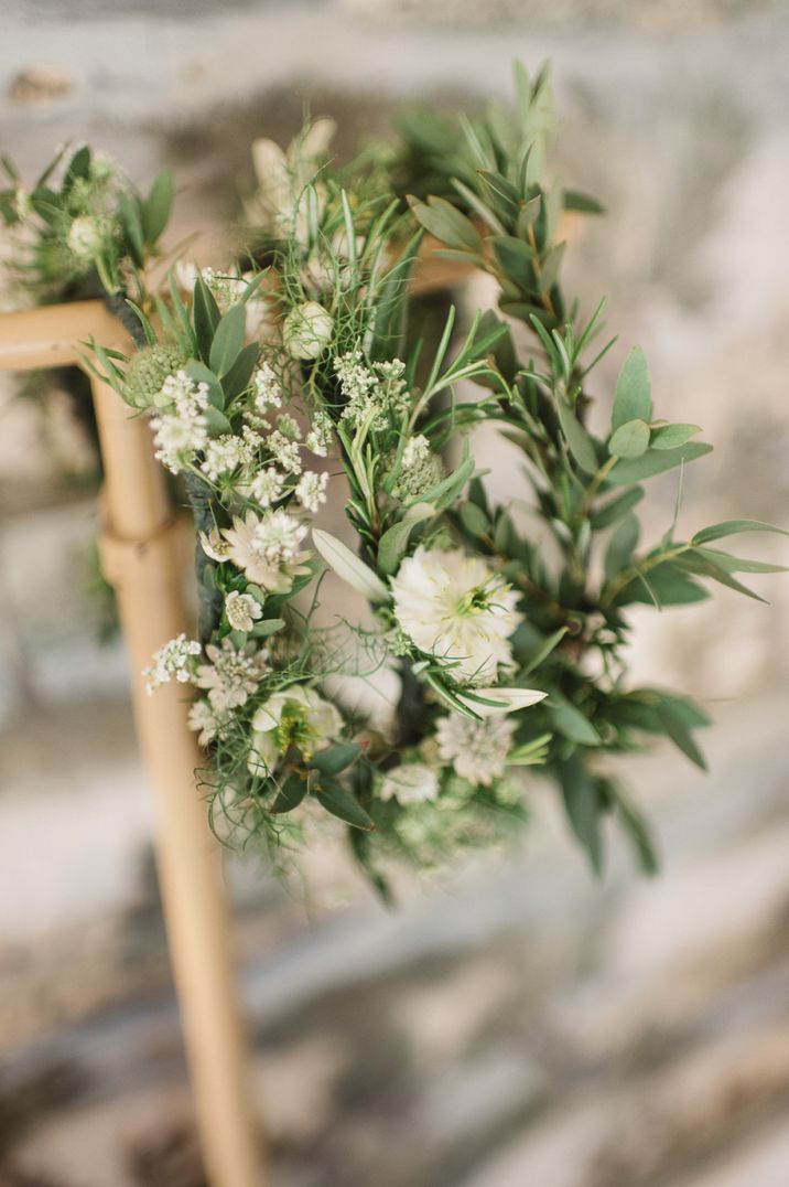 hanging green and white flower crowns